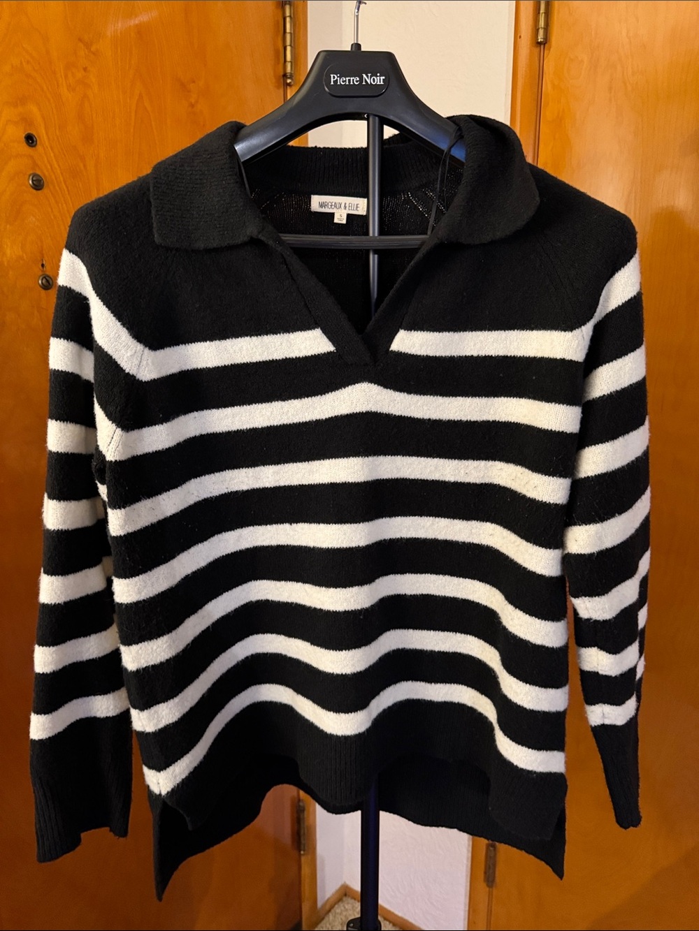 Black and White Striped V-Neck Collared Sweater